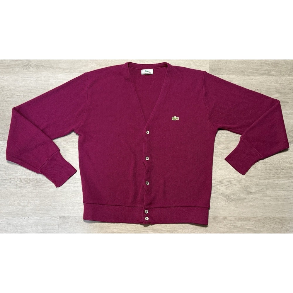 Vintage Lacoste Club Cardigan Sweater Men's L Burgundy Acrylic Made in USA Retro